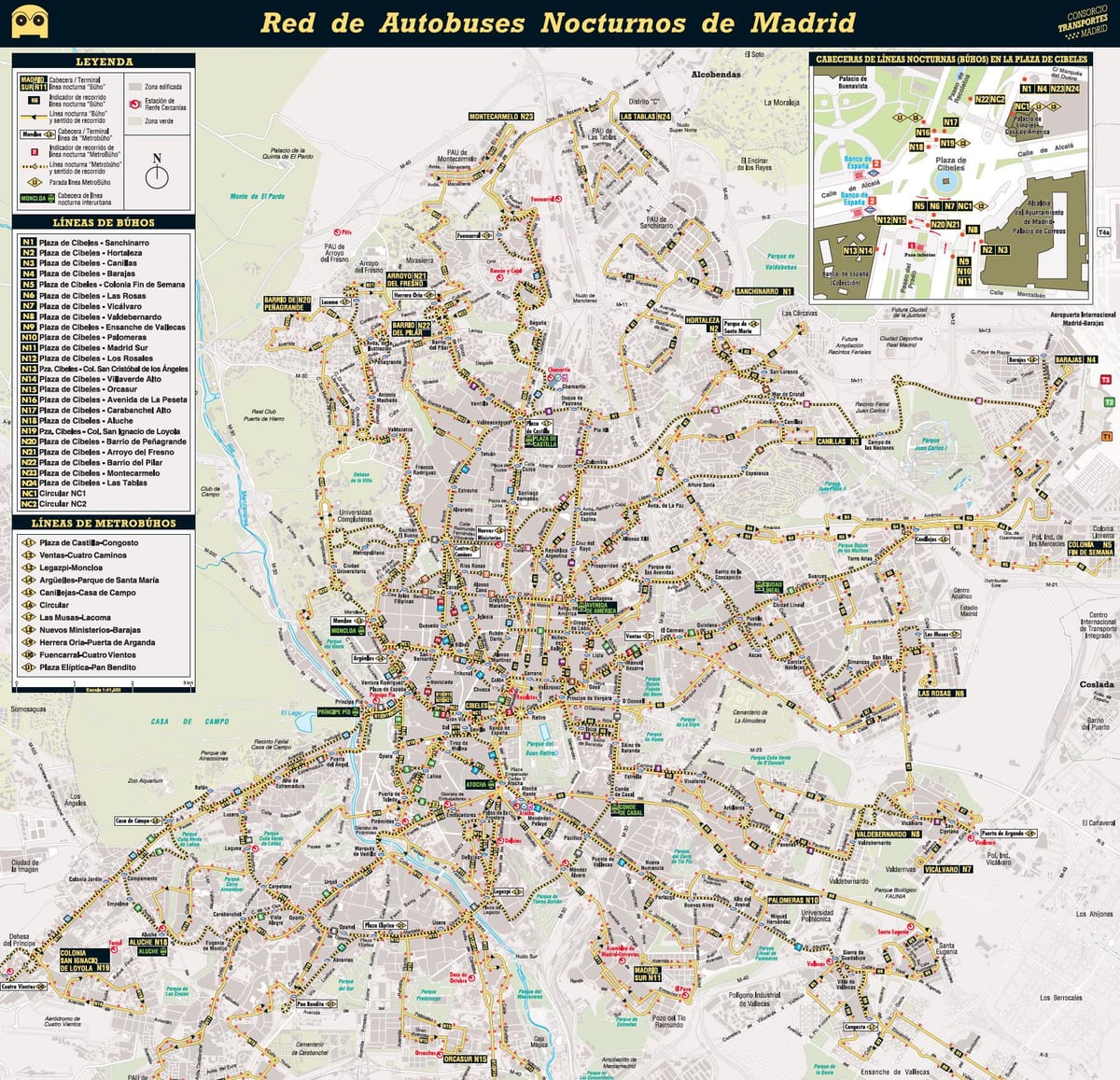 mapa de Madrid autobús a noite