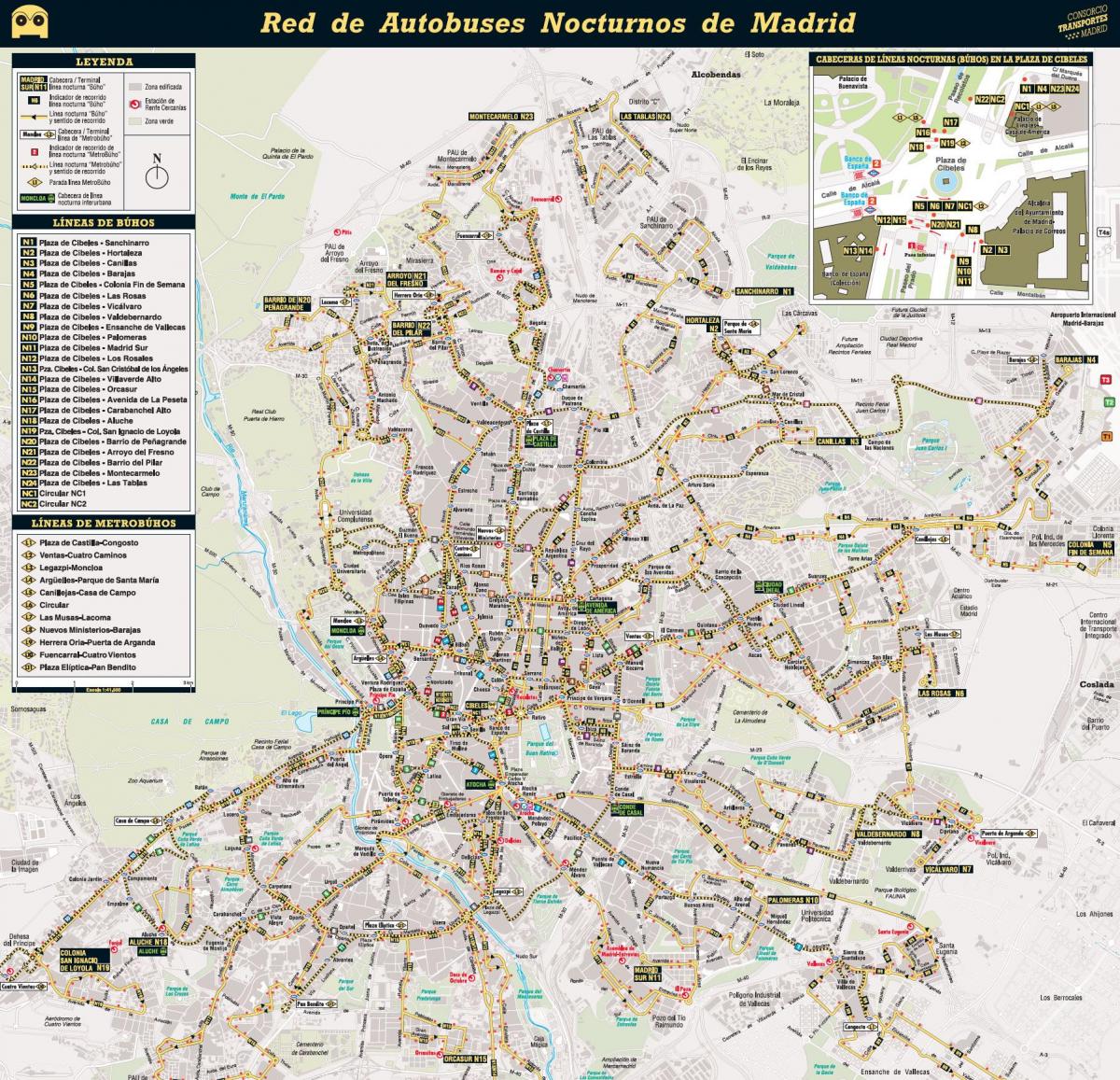 mapa de Madrid autobús a noite 